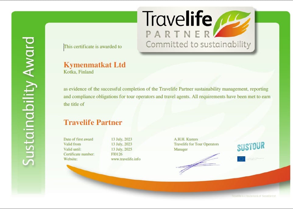 Travelife Partner Sustainability Award certificate for Kymenmatkat Ltd