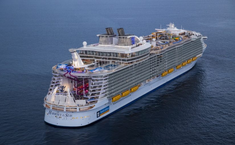 HM, Harmony of the Seas, Aerial, Offshore Barcelona (Spain) June 6, 2016, 3/4 view aft, rear, starboard side, at sea,