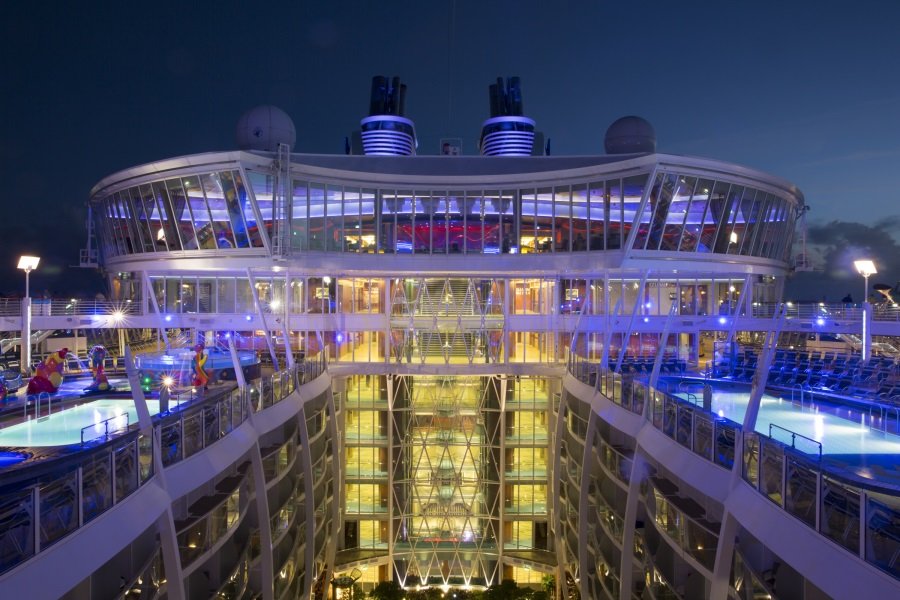 view of nighttime Oasis on deck, the Oasis deck at night with lights and dark sky