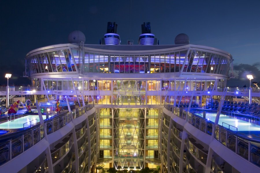 view of nighttime Oasis on deck, the Oasis deck at night with lights and dark sky