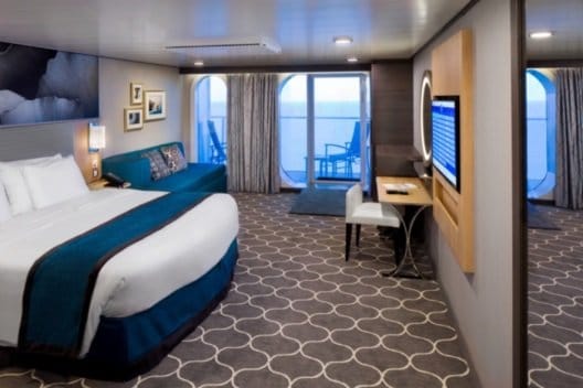 HM, Harmony, of the Seas, Accessible Superior Ocean View w/Balcony Cat. D5 - Room #12162 Deck 12 Forward Portside, no people, stateroom, suite, cabin, two rooms, bed, bedding couch, desk, flat screen monitor, decor, artwork,